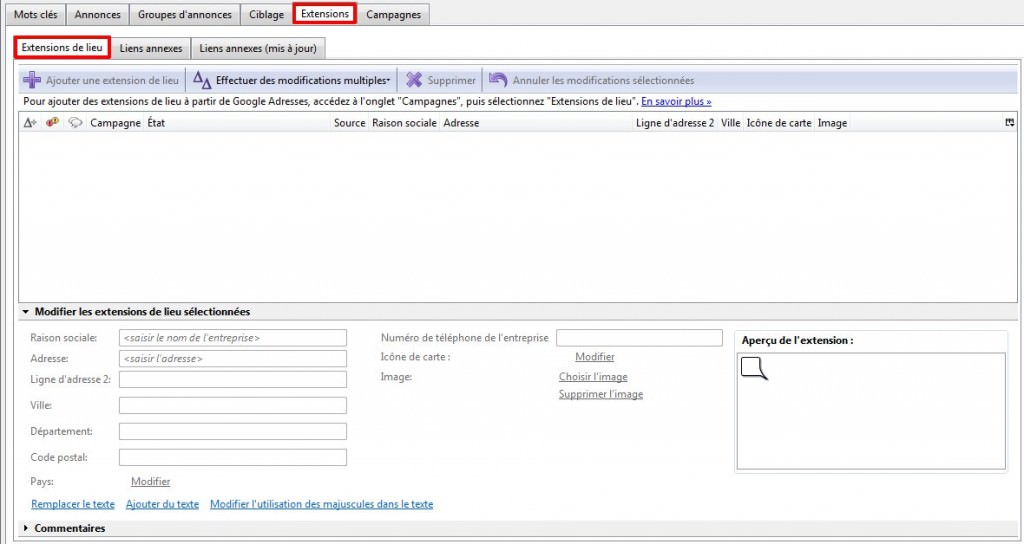 Configurer une extension de lieu AdWords Editor