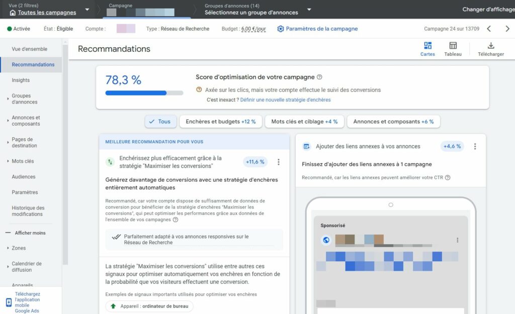 interface google ads centre de recommandations